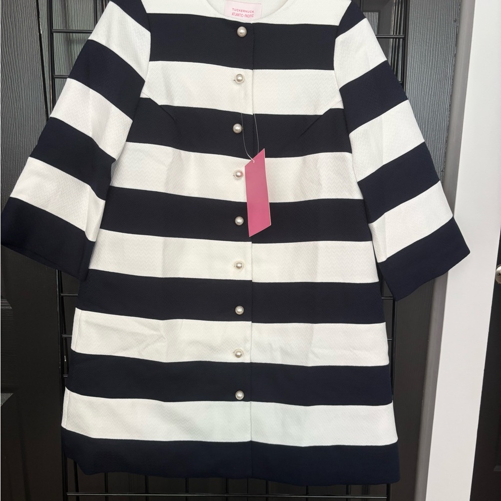 Striped Blue and White Dress with Pearl Buttons